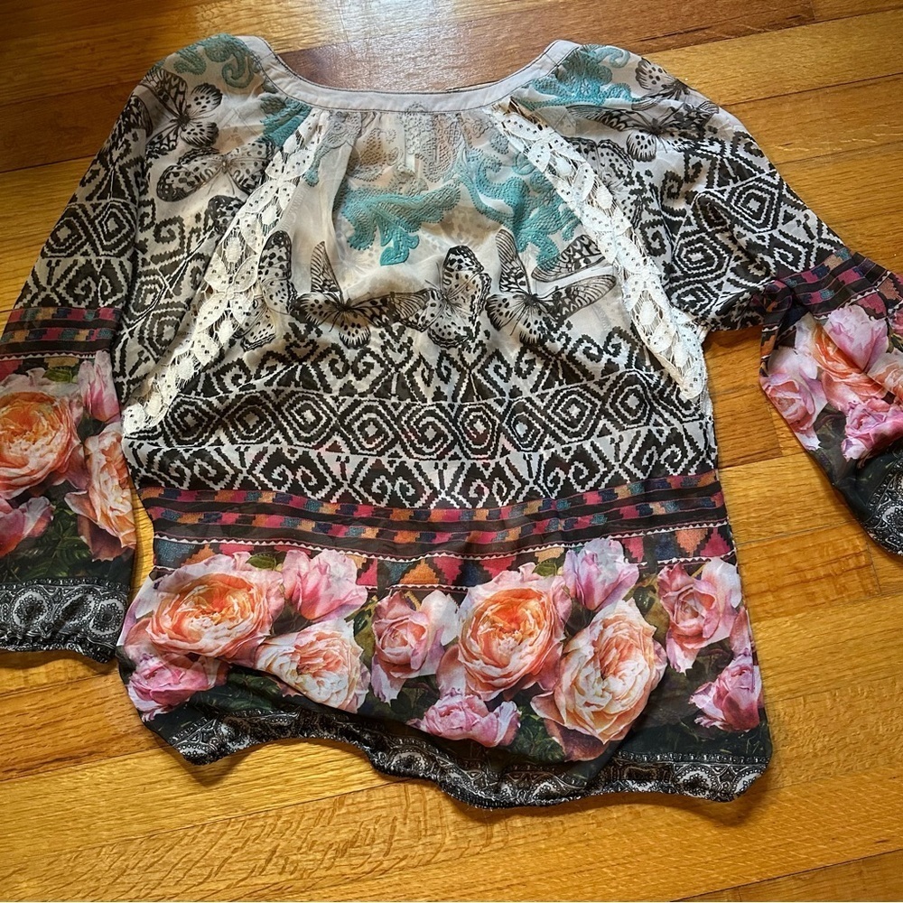 Fig & Flower Top Womens Small Sheer Floral Print Blouse(A1 - Picture 4 of 12